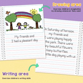 Auchq Draw and Write Journal for Kids, 60 Composition Notebook Paper with Half Page Lined and Drawing Space, Sizes 10.5x8 inches, Great for Handwriting practice.