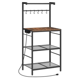 MAHANCRIS Bakers Rack with Power Outlet, Kitchen Storage Shelf with 6 Hooks, Microwave Stand with Storage, 4-Tier Coffee Bar Station, for Kitchen, Dining Room, Rustic Brown BRHR35E01