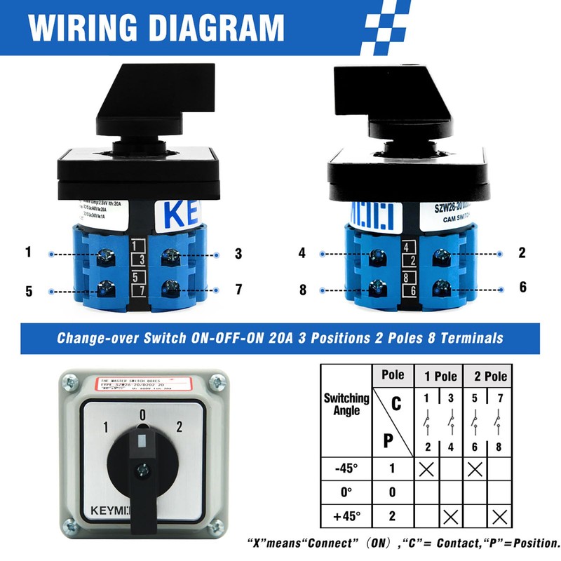 KEYMOO 20A Rotary Changeover Switch, 3 Position 2 Phase 8