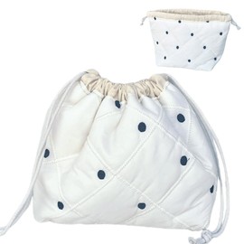 Lyssiatina Drawstring Cotton Quilted Makeup Bag，Coquette Cute Travel Toiletry Organizer with Canvas Lining，Aesthetic Cosmetic Pouch for Women & Girls（Black Dots）