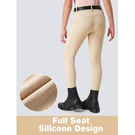 FitsT4 Sports Girls Riding Pants Full Seat Kids Equestrian Breeches Stretchy Youth Horse Schooling Tights Zipper Pockets Khaki XL
