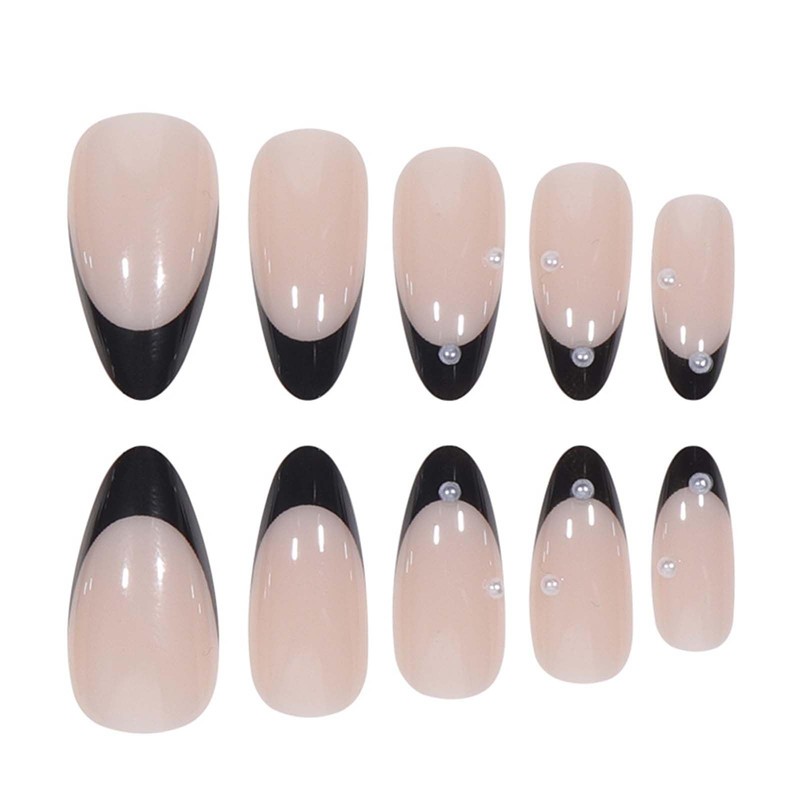 Black French Tip Press on Nails Medium Almond Fake Nails