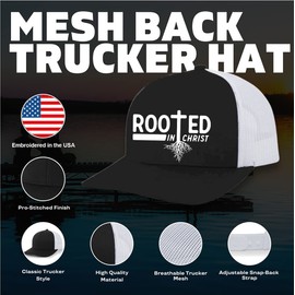 Mens Christian Hat Embroidered Unashamed Cross Scripture Mesh Back Trucker Hat, Royal/White