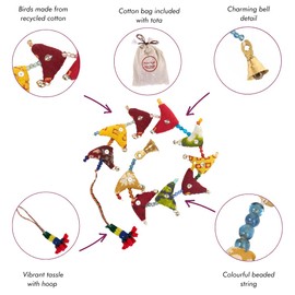 Paper High 10-Bird Bell Tota | Traditional Indian Hanging Decoration | Handmade | Recycled Fabric | Bedroom Decorations | Home Décor