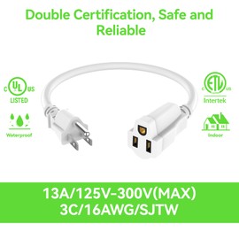 2 Pack Power Extension Cord 1FT/12Inch, Short 3 Prong Electric Extension Cable Outlet Saver, Single Outlet, Heavy Duty, Waterproof, Flexible, 16 AWG, 13A 125V, Outdoor & Indoor Extender Wires(White)