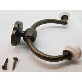 FURNITURE KNOWLEDGE Double Front Mount Coat Hook Porcelain Knobs Old Classic Vintage Rack hat Jacket Retro (Antique Brass)