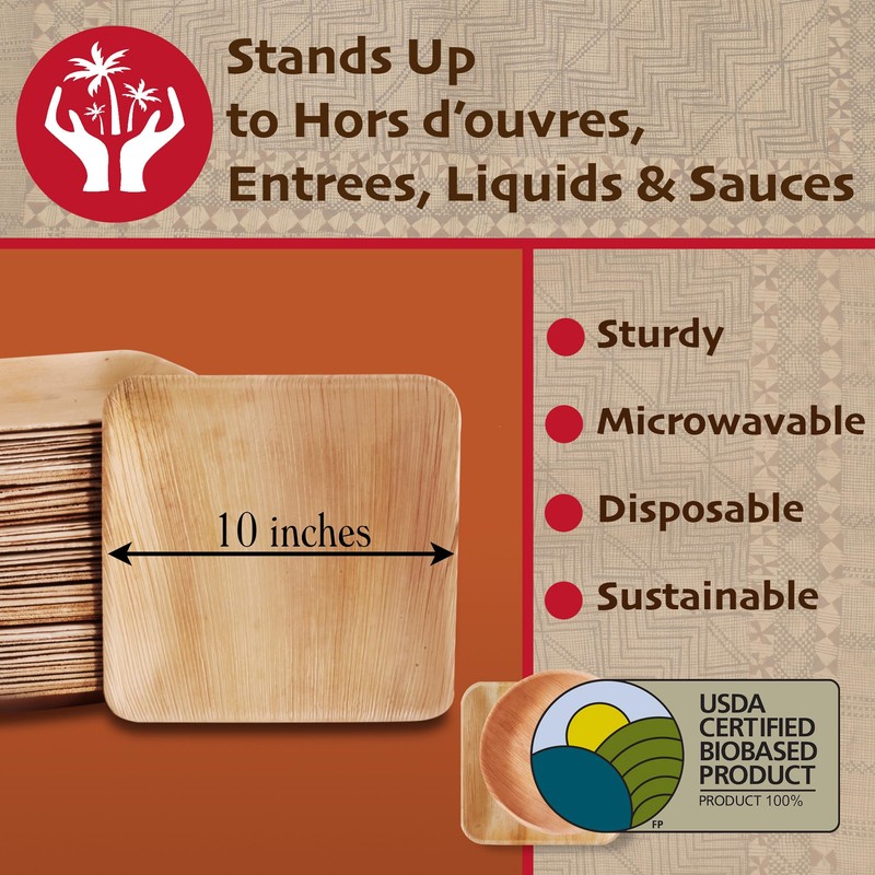 Compostable Palm Leaf Plates - 10 Inch Square [50-Pack] Microwave