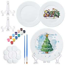 Affrolling Paint Your Own Porcelain Plates Ceramic Painting Kit Included 2 Pcs Porcelain Plates 2 Brushes 12 Paints 2 Stands Paint and 1 Pcs Color Palette, Pottery Kit for Adults(Round)