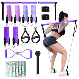 LAKXSF Pilates Bar Kit with Resistance Bands - Workout Equipment Home Gym, Pilates Bar with Extension Straps, 3 Tension Rods, 6 Exercise Bands, Door Anchor, for Women and Men (Purple)