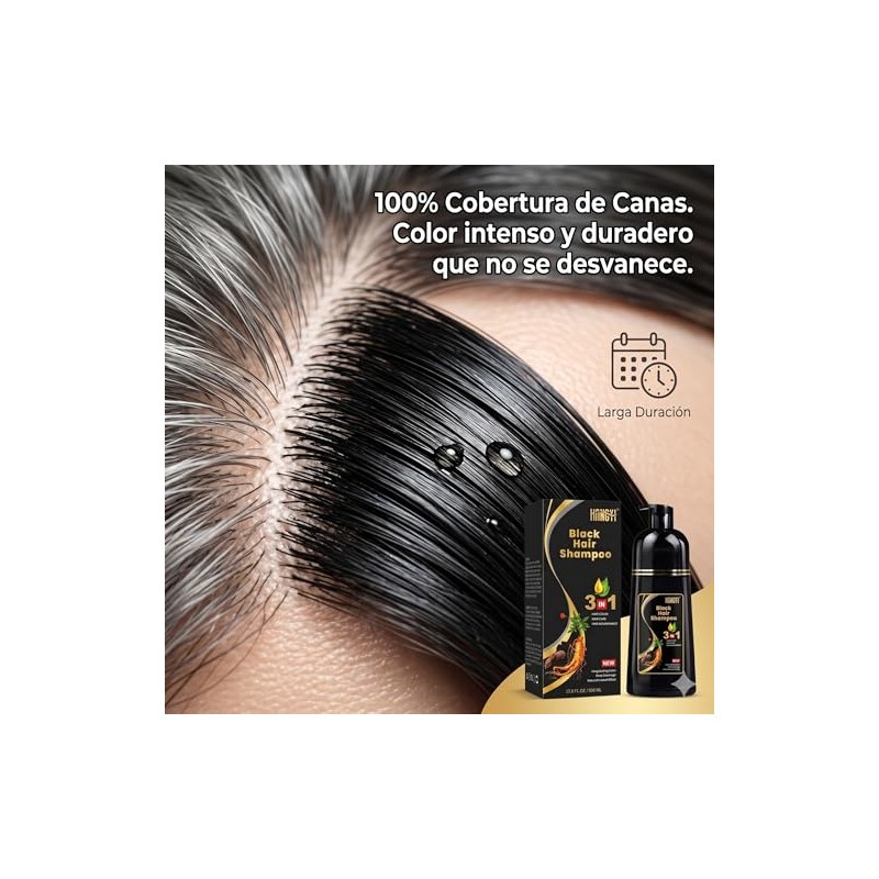 Black Hair Dye Shampoo 3 en 1, Tinte para Cubrir