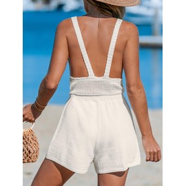 CUPSHE Womens Crochet Beach Cover Ups Casual Sleeveless Romper Square Neck Backless Shorts Overalls Mini Coverup Beige Small