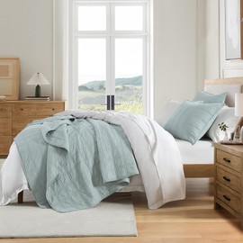 HORIMOTE HOME 100% Cotton Quilt Set King Size, Paleturquoise Pre-Washed Bedspreads Coverlet Set in Geometric Pattern, Cozy Lightweight Stitching Decorative Bedding Cover with 2 Shams for All Season