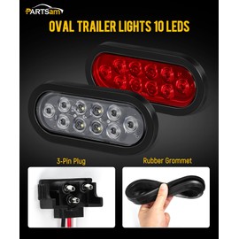 Partsam 6x Oval LED Trailer Tail Lights 10LEDs 6 Inch 4 Red 2 White Stop Brake Turn Reverse Backup Lights Rear Lamp Sealed Flush Mount 3-pin Plug Rubber Grommet for Flatbed Truck Trailer RV 12V IP67