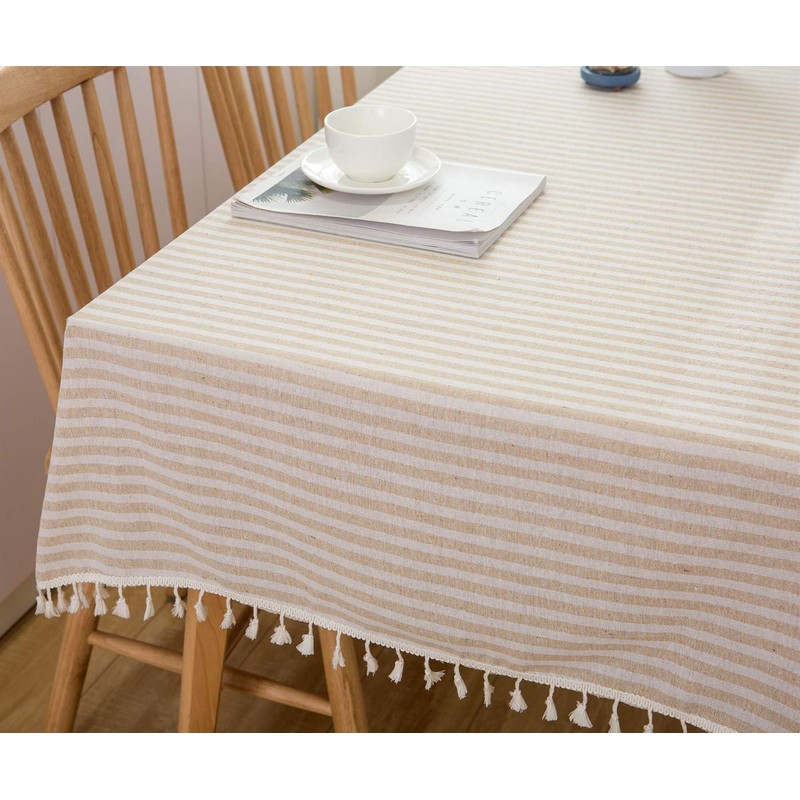 Plenmor Cotton Linen Table Cloth Stripe Tassel Rectangle Tablecloth Dust-Proof
