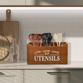 Karisky Kitchen Utensil Holder with Drainage Bottom, Large 3 Compartments Solid Real Wood Utensil Organiser for Kitchen Counter, Farmhouse Cooking Tools Storage for Countertop, Brown