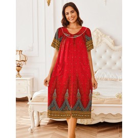 Ekouaer Women's Short Sleeve House Dress Floral Mumu Dress Duster Housecoat Button Down Nightgown with Pockets Floral Red,Small