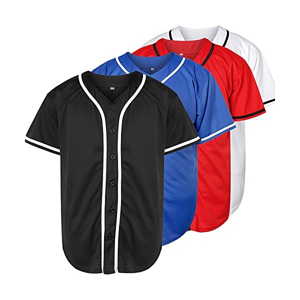 Blank Plain Hip Hop Hipster Baseball Jersey Button Down Shirts Sports Uniforms Men Women Jersey (Red, XX-Large)