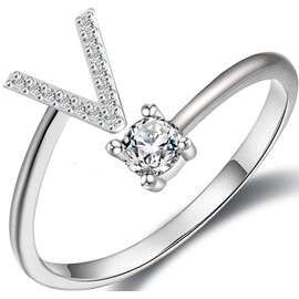 Haoze Initial Letter Ring for Women Rose Silver Stackable Alphabet Rings with Initial Adjustable Crystal Inlaid Initial Rings(V Silver)