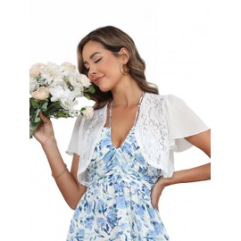 Enjyam Women's Bolero Festive Elegant Lace Bolero Jacket Short Sleeve Jacket Lightweight Shoulder Jacket for Dresses, White