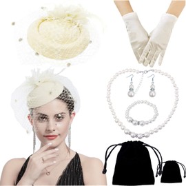 Women Fascinator Hat Flower Feather Mesh Face Veil Hair Clip Pillbox Hats with Pearl Accessories Set and Short Satin Gloves (Beige)