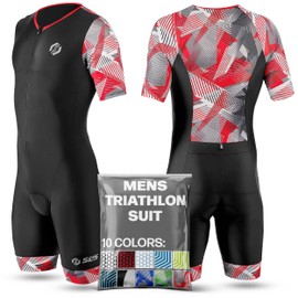 SLS3 Triathlon Suits Mens - Aerodynamic Sleeved Mens Tri Suit – Lightweight Trisuit with Premium FX Fabrics - 2 Pockets (Black/Red Geo, Large)