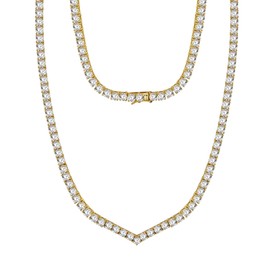 Gemsme Cubic Zirconia Necklace V Shape 18K Yellow Gold Plated 4.0mm Round Cubic Zirconia Classic Tennis Necklace For Women (16 inch, Yellow Gold Platred)
