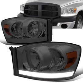 Pair of LED DRL Headlight Assembly Compatible with Dodge Ram 1500 2500 3500 06-09 - Chrome Housing Smoked Lens Amber Corner