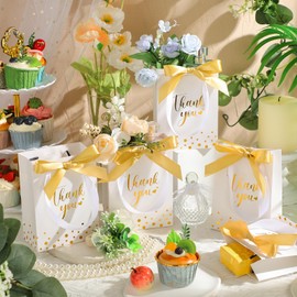 Kolldenn 36 Pack Small Thank You Gift Bags with Handles 5.9 x 4.3 x 2.4 inches Party Favor Bags with Bow Ribbon Candy Goodie Gift Bags Bulk for Wedding Graduation Birthday Bridal Shower(White)