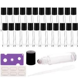 ZIZEMOJA 10ml Essential Oil Roller Bottles, 24 Pack Leak-proof Glass Roll on Bottles for Essential Oils, with Stainless Steel Roller Balls, 1 Extra Roller Ball, 24Labels, 1 Openers, 2 Droppers, Clear