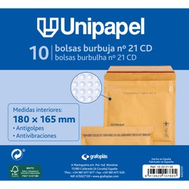 Unipapel Pack of 10 Kraft Padded CD Envelopes with Bubble Paper Inside - No.21 - 180mm x 165mm - Self Seal - Perfect for Safe and Protected Shipments