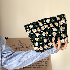 Sminra Makeup Bag Cosmetic bag Preppy Canvas Embroidery Toiletry Bag for women Cute zipper pouch Organizer Travel accessories (Little Daisy-Black, Large)