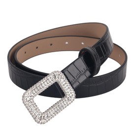 Women's Leather Belt Casual Fashion Waist Belt with Silver Square Diamond Buckle for Jeans Pants Dress