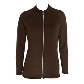 Private Island Women UPF50+ Front Zipper Up Long Sleeve Swimsuits Top with Both Side Pockets Swim Rash Guard (S, Brown-JRSRGT)