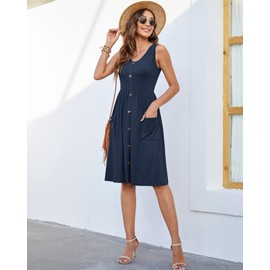 MOLERANI Women Summer Dresses Sleeveless Casual Loose Swing Button Down Midi Dress with Pockets(Navy Blue,M)