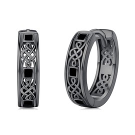 Viking Earrings Men 925 Sterling Silver Black Celtic Hoop Huggie Earrings Viking Jewellery Gift for Women, 15MM