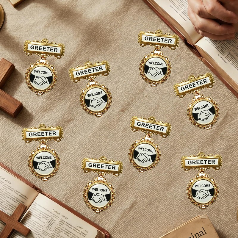 8 Pack Church Greeter Badges Multipack, Pin Back Gold Tone