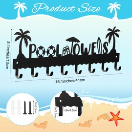Capoda Pool Towel Rack Metal Hook Rack Wall Mounted Summer Beach Pool Towel Holder with 8 Hooks for Storage Robe Swimsuit, Coat, Bags, Phone, Keys(Black)