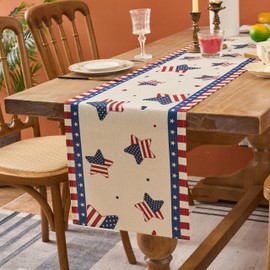 4th of July 13x60 Patriotic Memorial Day Table Runner American Flag Stars Hearts Polyester Independence Day American Table Decoration Washable Waterproof for Party Picnic Dinner