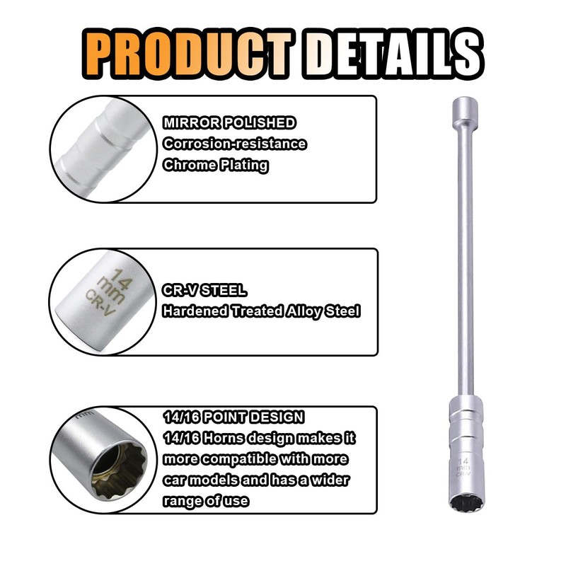 JOYCOURT 14mm Magnetic Swivel Spark Plug Socket, Thin Wall 3/8