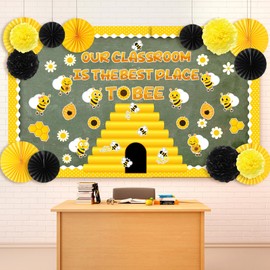 Pasimy 83 Pcs 3D Bee Bulletin Board Set Bee Hive Classroom Decoration with Yellow Black Pompoms Paper Fans Cutout for Back to School First Day Wall Door Home Elementary Preschool Teacher Supplies