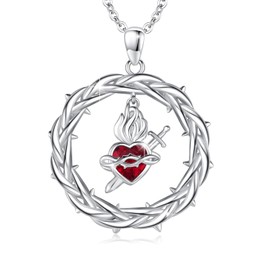 YueYuan Sacred Heart of Jesus Necklace 925 Sterling Silver Crown of Thorns Pendant with Red Crystal Religious Jewelry Gift for Women Birthday Valentine's Day, 24 mm, Sterling Silver, No Gemstone
