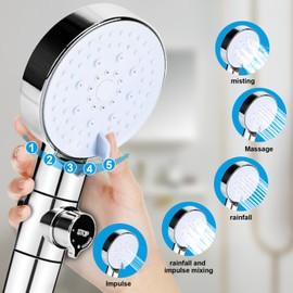 Bazasa Handheld Shower Head 5 Spray Modes Shower Head with Filter for Dry Hair& Skin High Pressure Showerhead with ON/OFF Pause Switch for Pets Bath (Silver Shower Head +1.5M Hose)