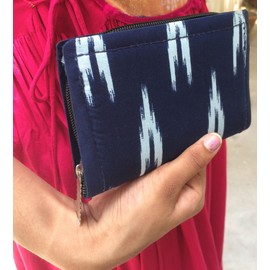 Indtresor Coin Purse Zip Women Evening Handbag Purse Organizer Indian Handcrafted Ikat Print Blue Color Cotton Fabric., Blue, Coin Purse