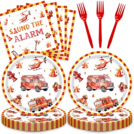 48Pcs Firetruck Birthday Decorations Fire Truck Party Supplies with Forks Plates and Napkins Serve 16 Firefighter Birthday Party Decorations