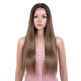 Joedir 26" Long Straight Lace Front with 1.5"x6" Deep Parting Lace Wig Heat Resistant Synthetic Hair Wig with Baby Hair For Black Women 130% Density(Ombre Chestnut Brown to Light Auburn Color)
