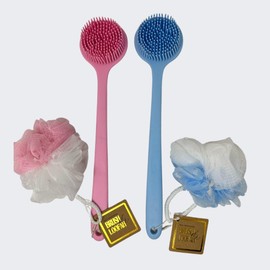 2-Pack Silicone Shower Body Brush with Loofah – Long Handle 12” Back Scrubber for Shower, Dual-Sided Exfoliating Bath Brush & Gentle Body Cleaning Tool – Pink & Blue Set