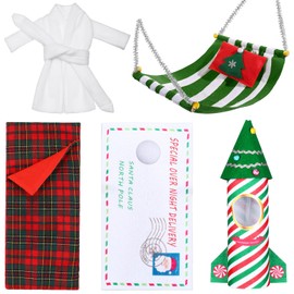 Aoriher 6 Pcs Christmas Elf Doll Accessories Set with Elf Christmas Envelope Clothing Rocket Clothing, Sleeping Bag, Bathrobe, Christmas Elf Hammock Pillow Xmas Accessory for Doll Decorations