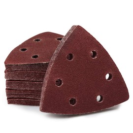 SPEEDWOX 50 Pcs Triangle Sanding Pads Hook and Loop 100 Grit Oscillating Sanding Pad 90mm 6 Holes Fit 3-1/2 Inches Oscillating Multi Tool Detail Sander Sandpaper Triangle Sanding Discs Sanding Tool