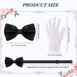 BBTO Bow Tie and Gloves Set White Uniform Gloves and Black Satin Bow Tie for Men Suit Pre-Tied Adjustable Bow Tie, White / Black