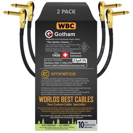 WORLDS BEST CABLES 2 Units - 7 Inch - Gotham GAC-1 Ultra Pro - Low-Cap (21pF/ft) Guitar Bass Effects Instrument, Patch Cable & Gold (6.35mm) Low-Profile R/A Pancake Type Connectors - Custom Made